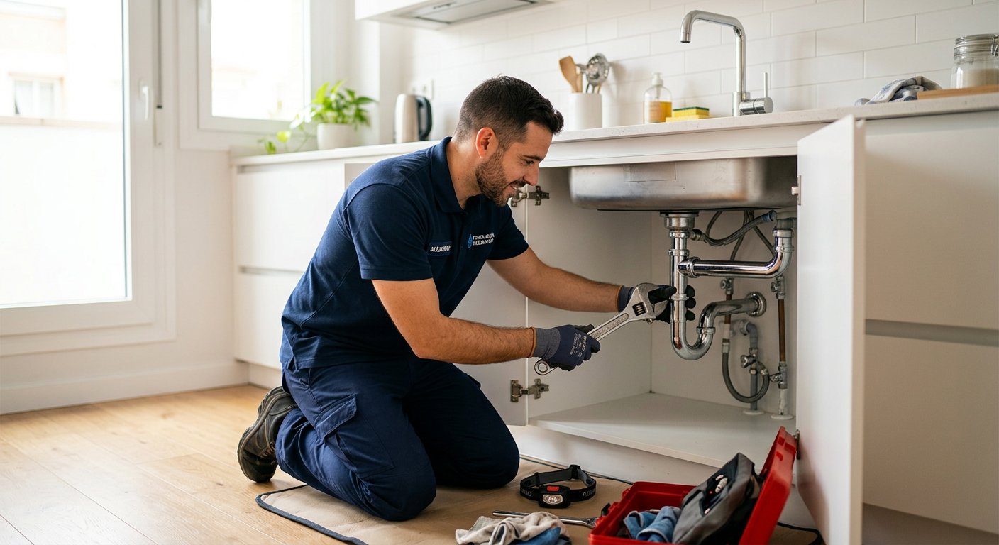 Inicio Fontanero profesional reparando una tubería bajo el fregadero en una vivienda de Valls